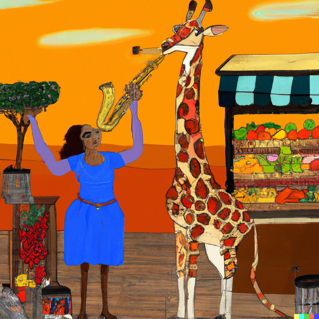 Prompt: The Worlds Tallest Woman and her giraffe blow saxphones at the  fruit stand Digital art