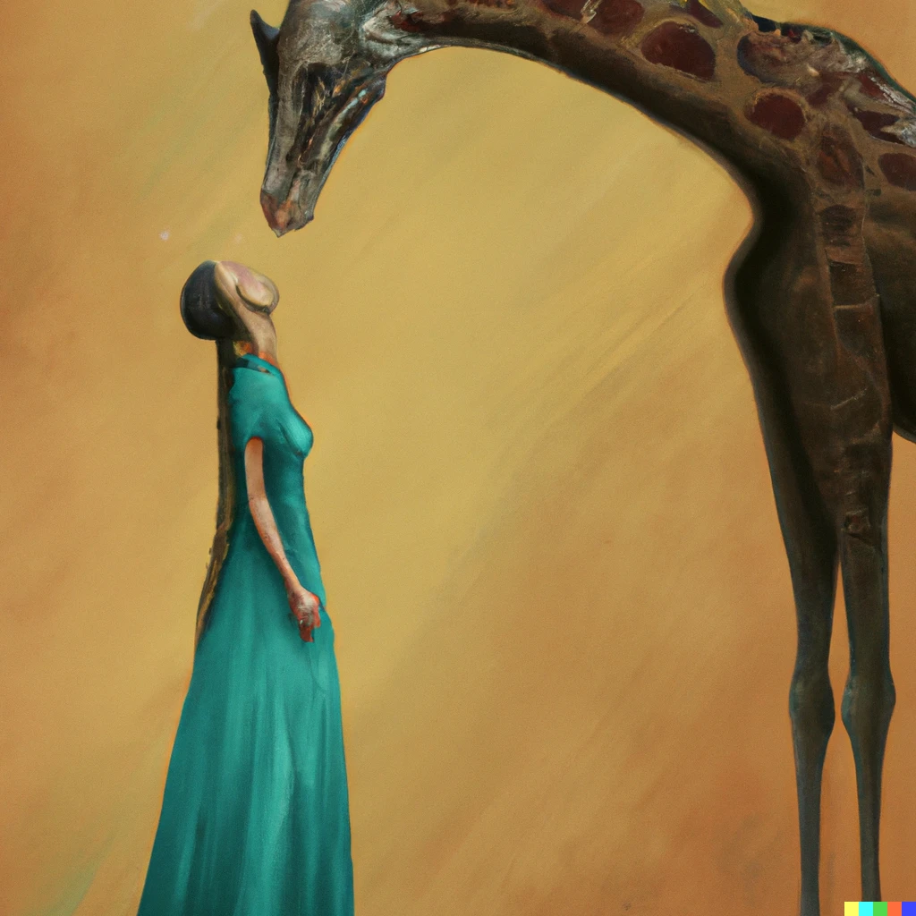 Prompt: An accryllic painting of the worlds tallest woman and her giraffe Digital art
