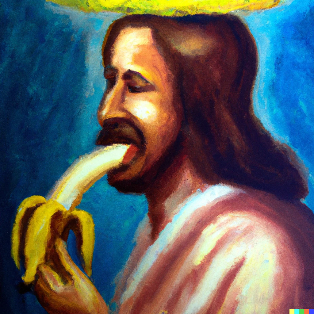 Prompt: An impressionisn oil painting of Jesus eating a banana