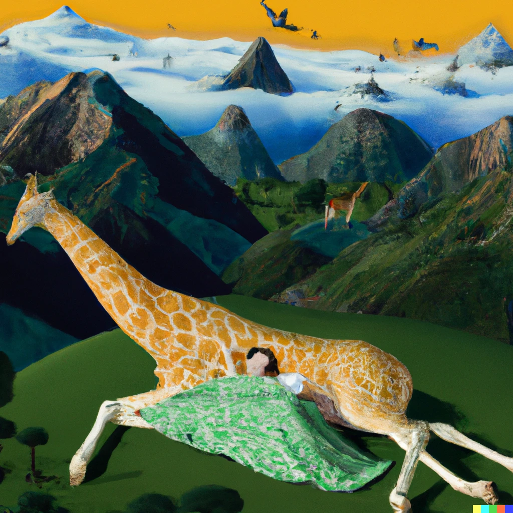 Prompt: The Worlds Tallest Woman and her giraffe  sleep on  a giant bed in the mountains digital art