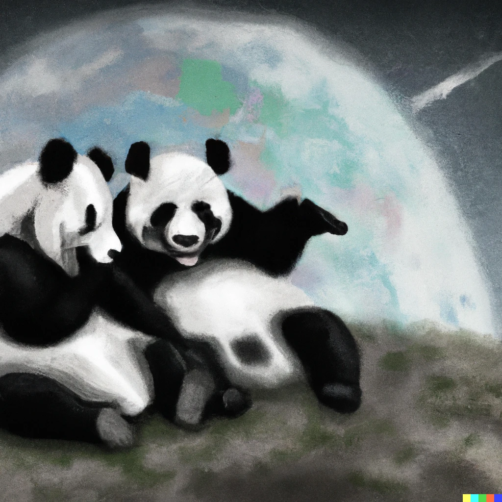 Prompt: two pandas in spaces, telling jokes to each other, looking at earth , digital drawing 