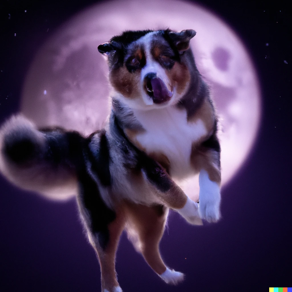 Prompt: a purple Australian shepherd dancing in the moon