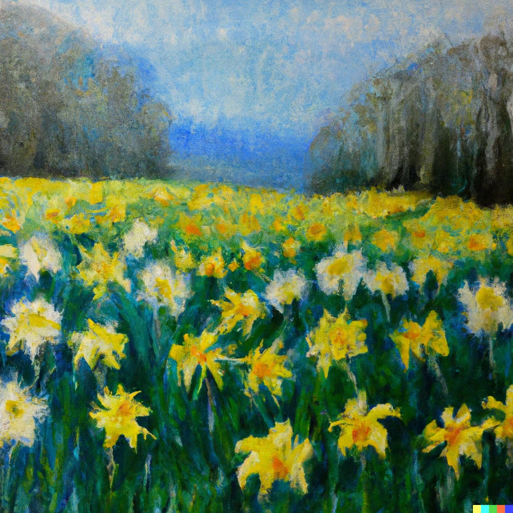 Prompt: "I wandered lonely as a cloud That floats on high o'er vales and hills, When all at once I saw a crowd, A host, of golden daffodils" in the style of monet