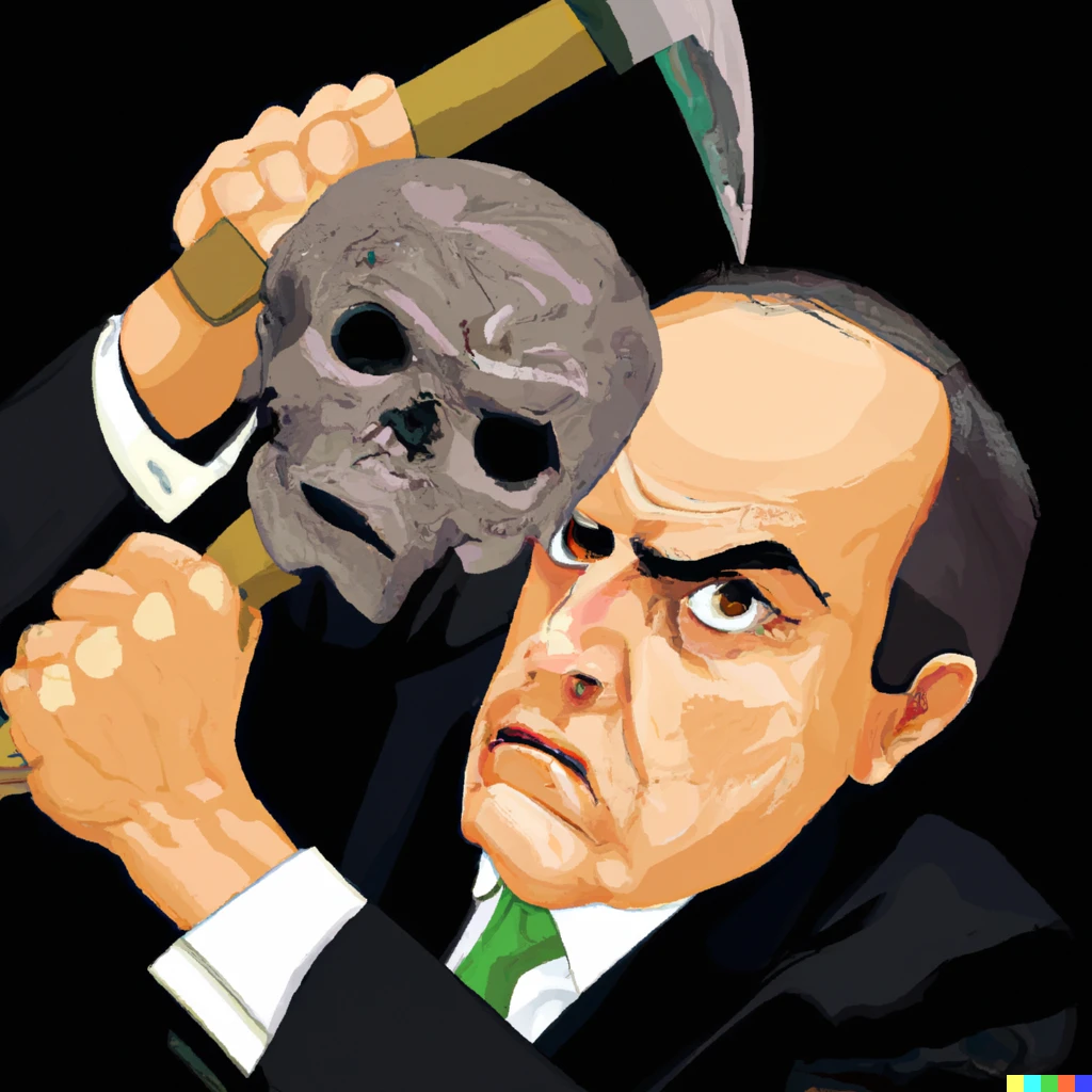 Prompt: A painting of Felipe Calderón, president of Mexico. Crushing a skull dark
