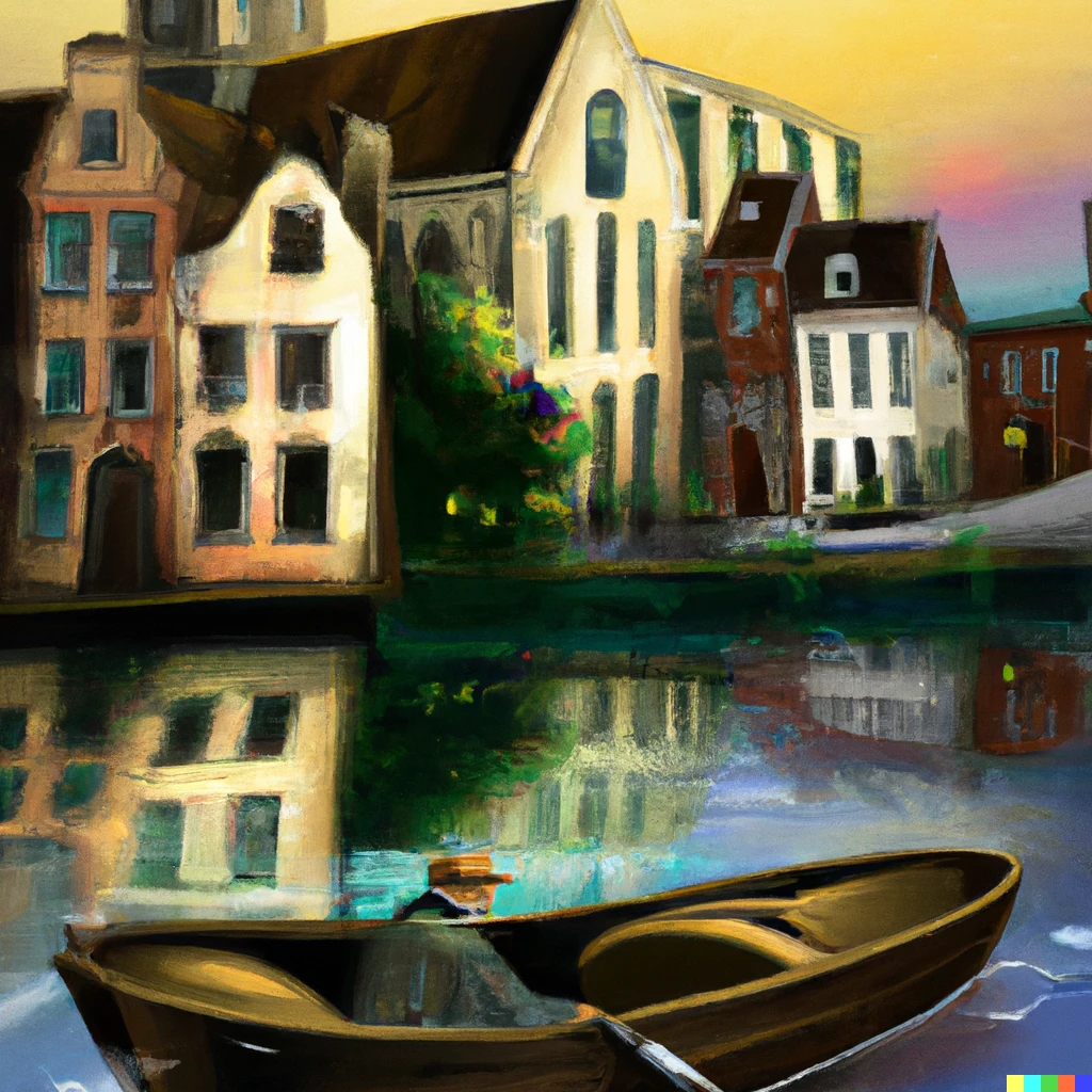 Prompt: A boat is proceeding on the canal. An old man in a straw hat sits alone in a chair on the boat. Surrounding the boat are medieval European buildings. It is evening and sunset is visible, but the darkness of night is beginning to fall.