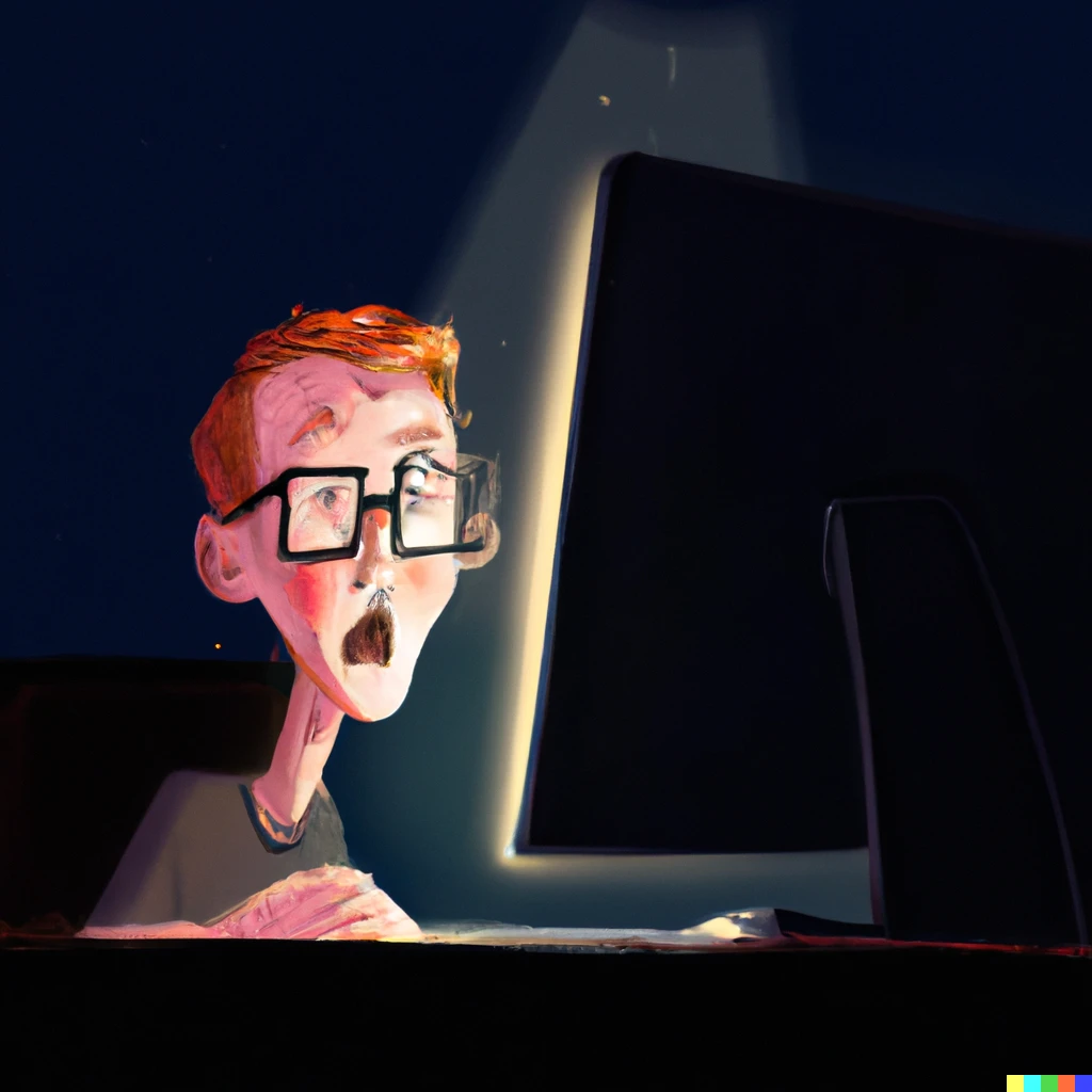 Prompt: A nerdy man staring excitedly into his computer screen late at night, glowing screen, night time, cartoon, realistic