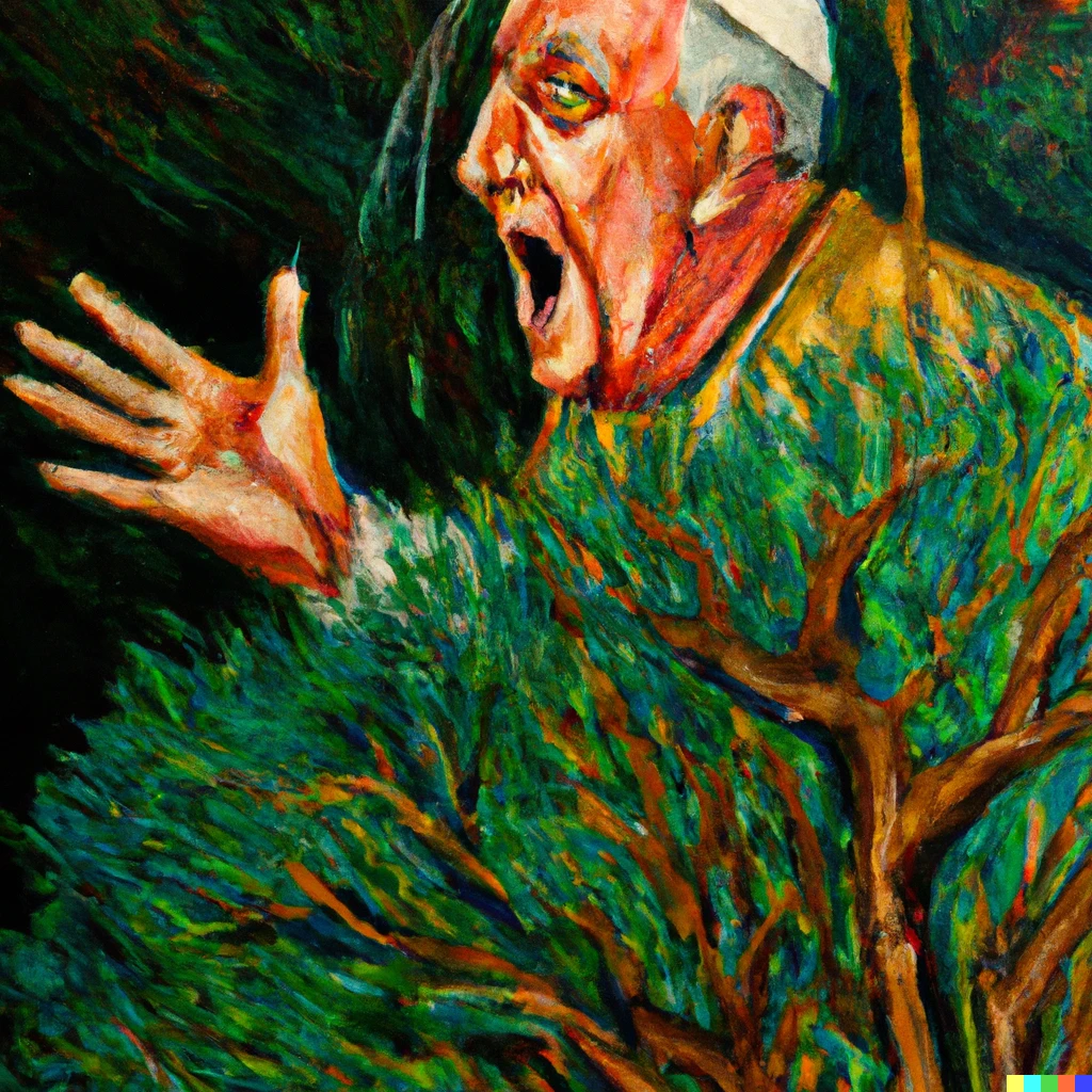 Prompt: Oil painting of the pope screaming at a bush