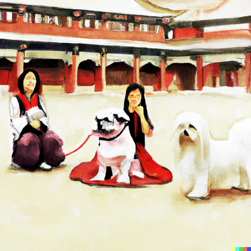 Prompt: Late Qing dynasty chinese girls playing with peking dog at the tainanmen square in style of watercolor 