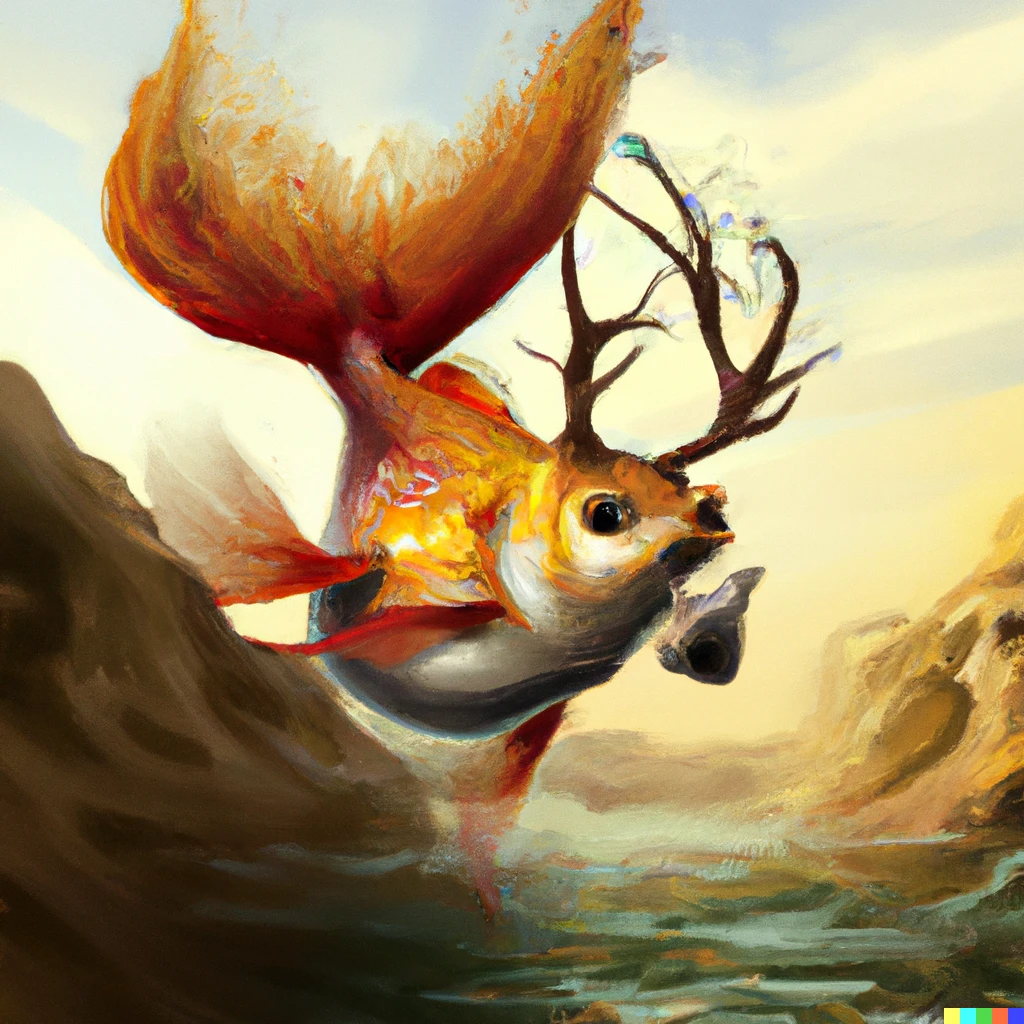 Prompt: A fancy goldfish with deer antlers falling off a cliff, digital art