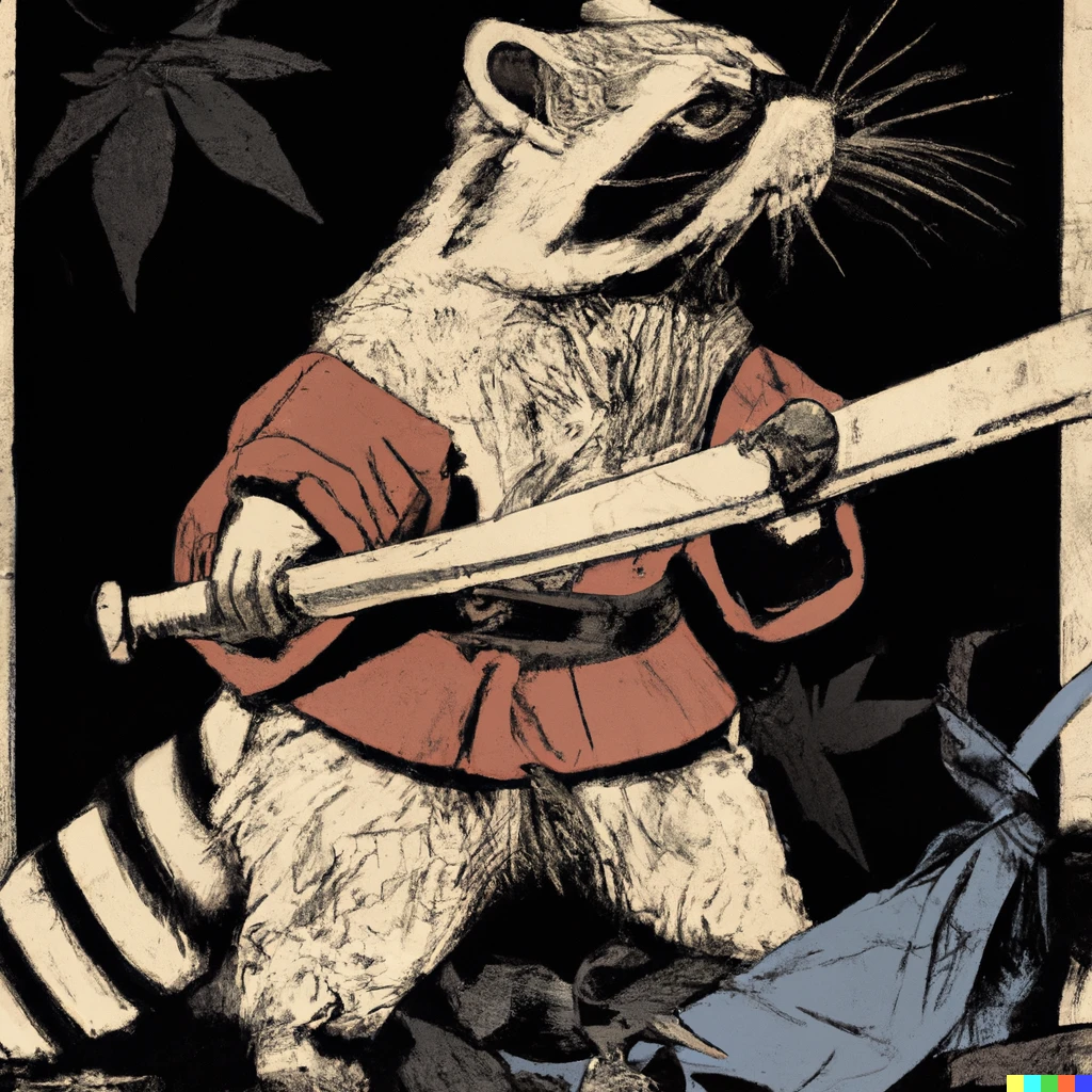 Prompt: color woodblock print of a raccoon swordsman