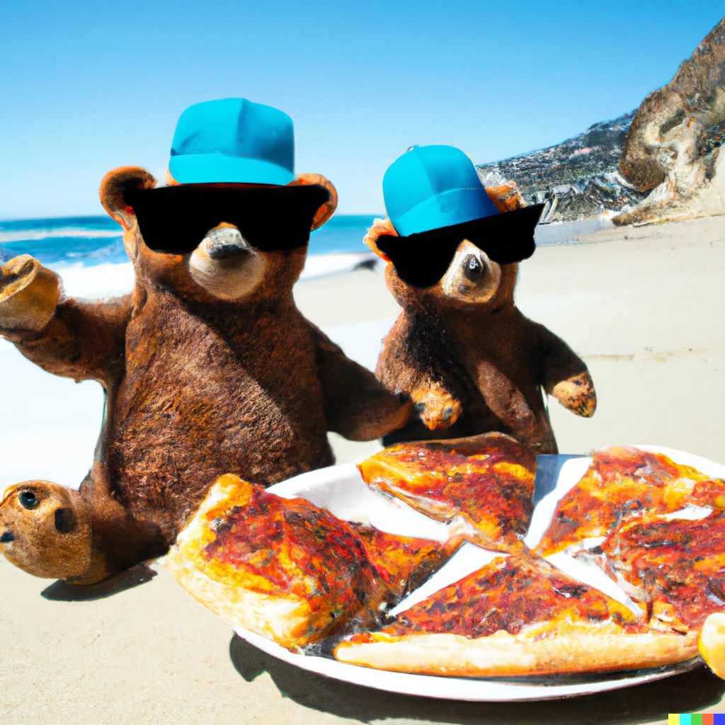 Prompt: a California beach with bears wearing sunglasses and eating pizza