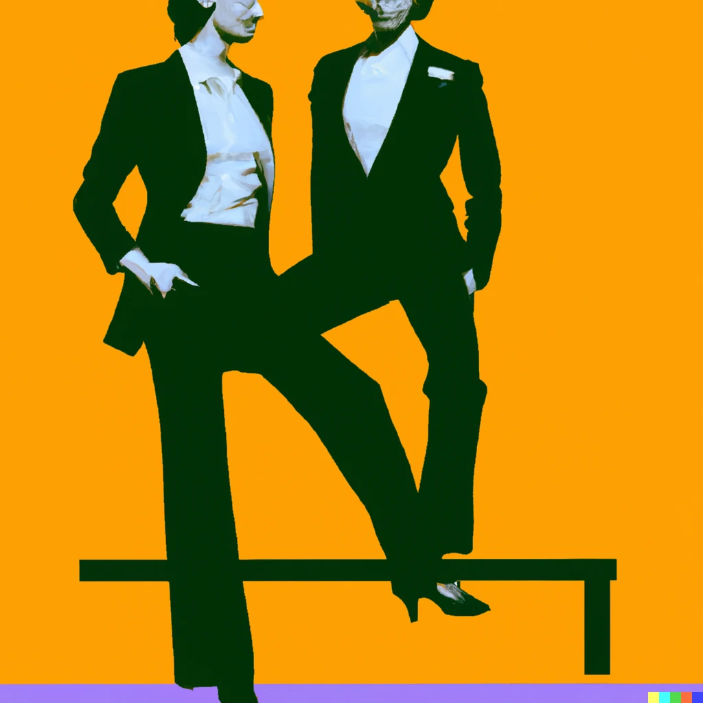 Prompt: poster by Andy Warhol showing two androgynous adults in business attire balancing on a teeter-totter digital art