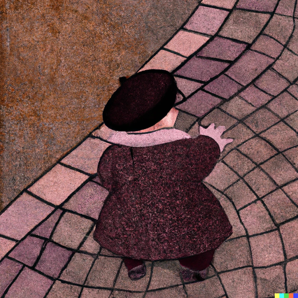 Prompt: Illustration in a pre-raphaelite style of a small plump child noticing patterns in the pavement digital art
