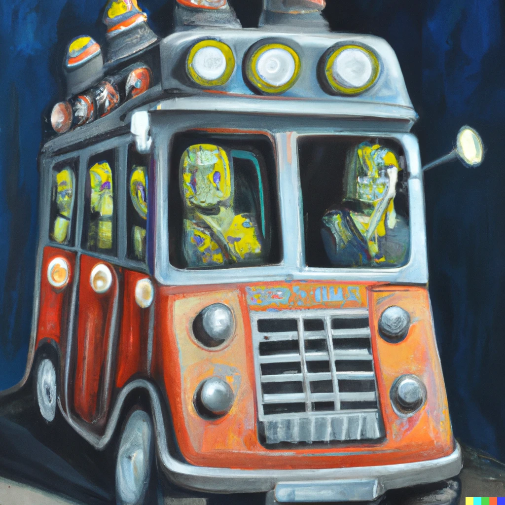 Prompt: Daleks driving a bus, oil painting
