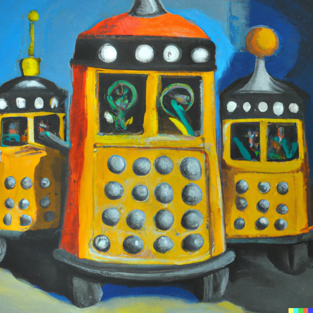 Prompt: Daleks driving a bus, oil painting