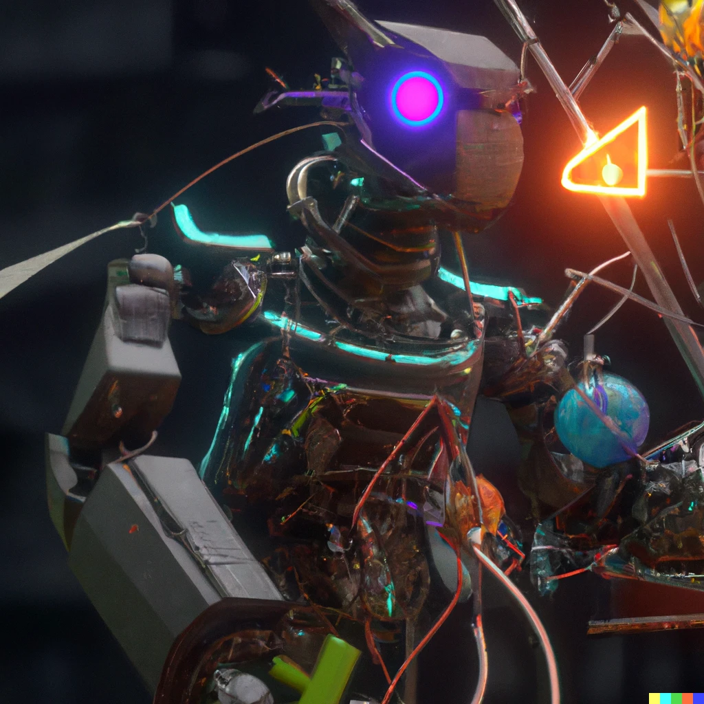 Prompt: a sci-fy movie of a robot holding a heavy tool with exposed servos and wires and stuff