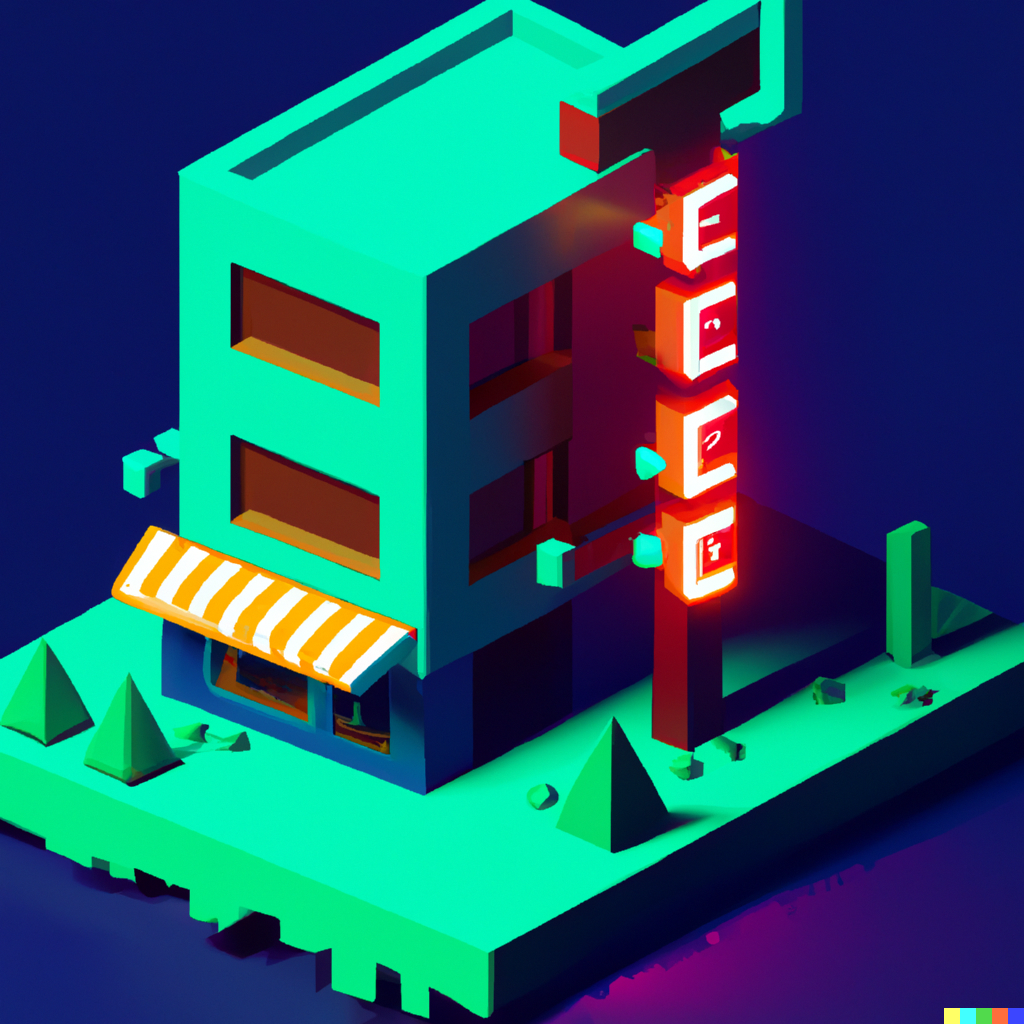 David × DALL·E | A building that has a neon sign on it, a low poly ...