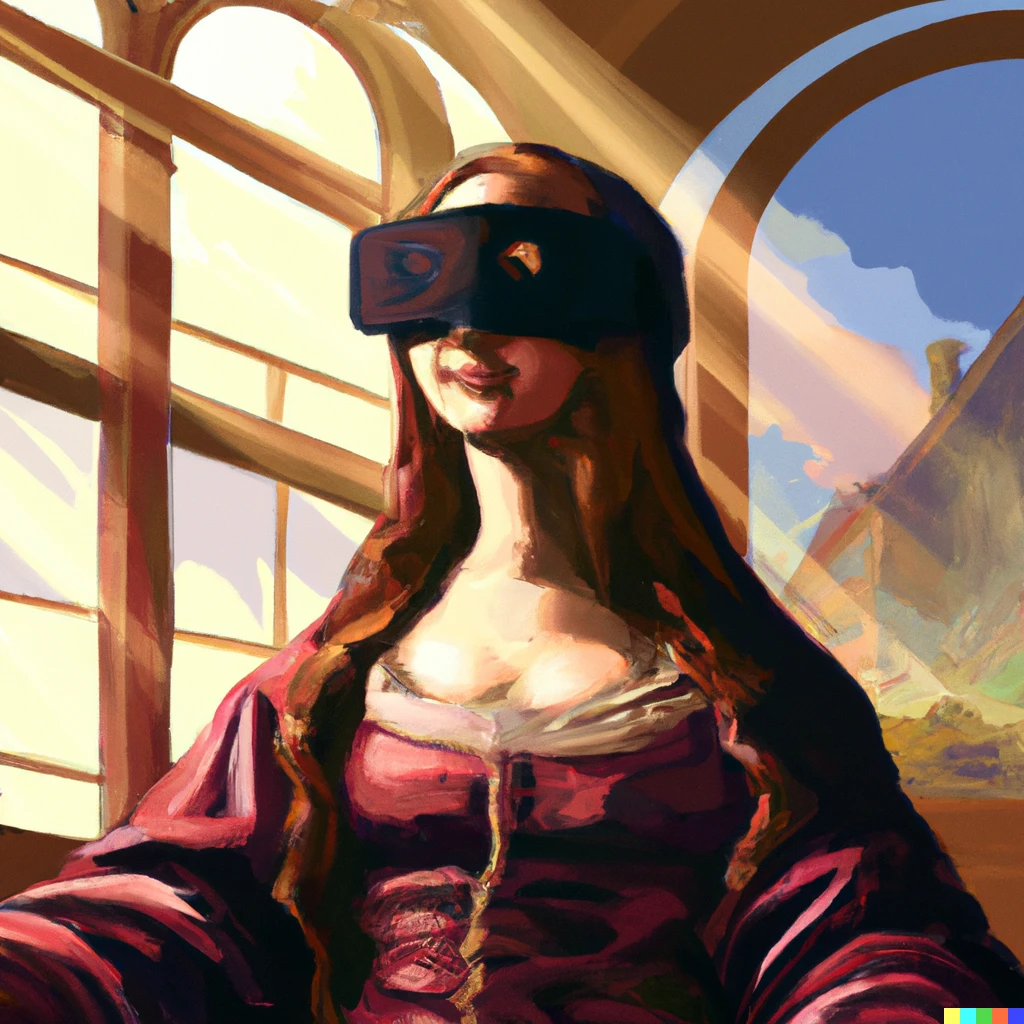 Prompt: Da Vinci style painting of the Mona Lisa in VR Goggles