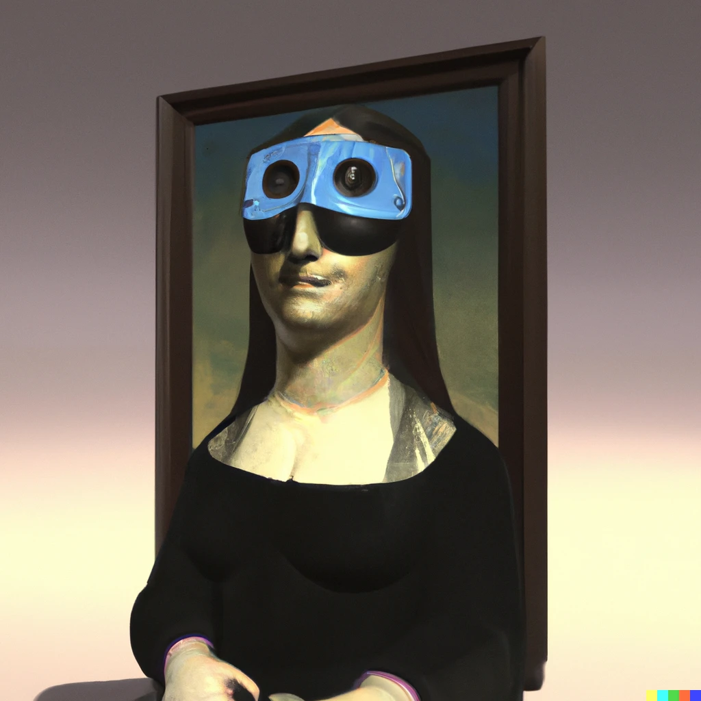 Prompt: 3d render of picasso style painting of the Mona Lisa in VR Goggles