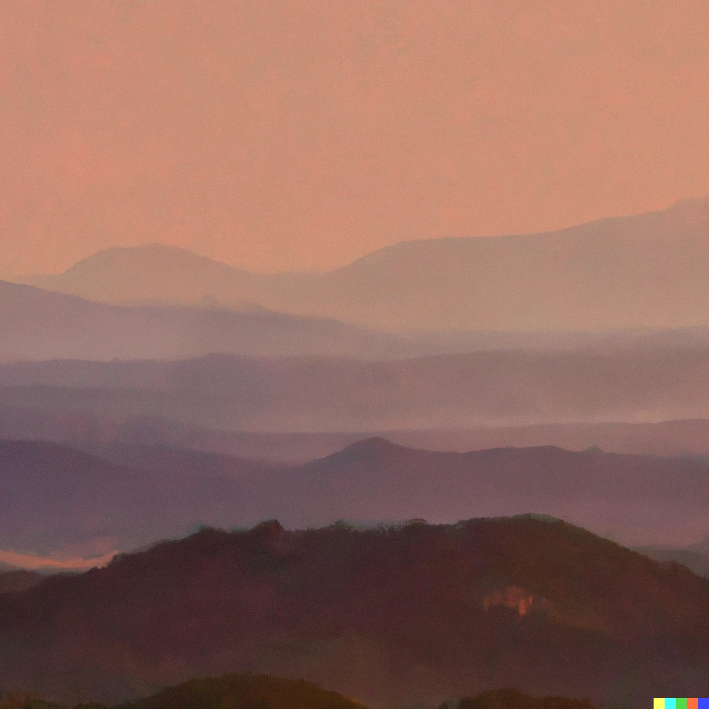 Prompt: An Impressionist oil painting of rolling mountainous terrain in Southern California, pre-dusk shrouded in a translucent golden pink foggy mist.