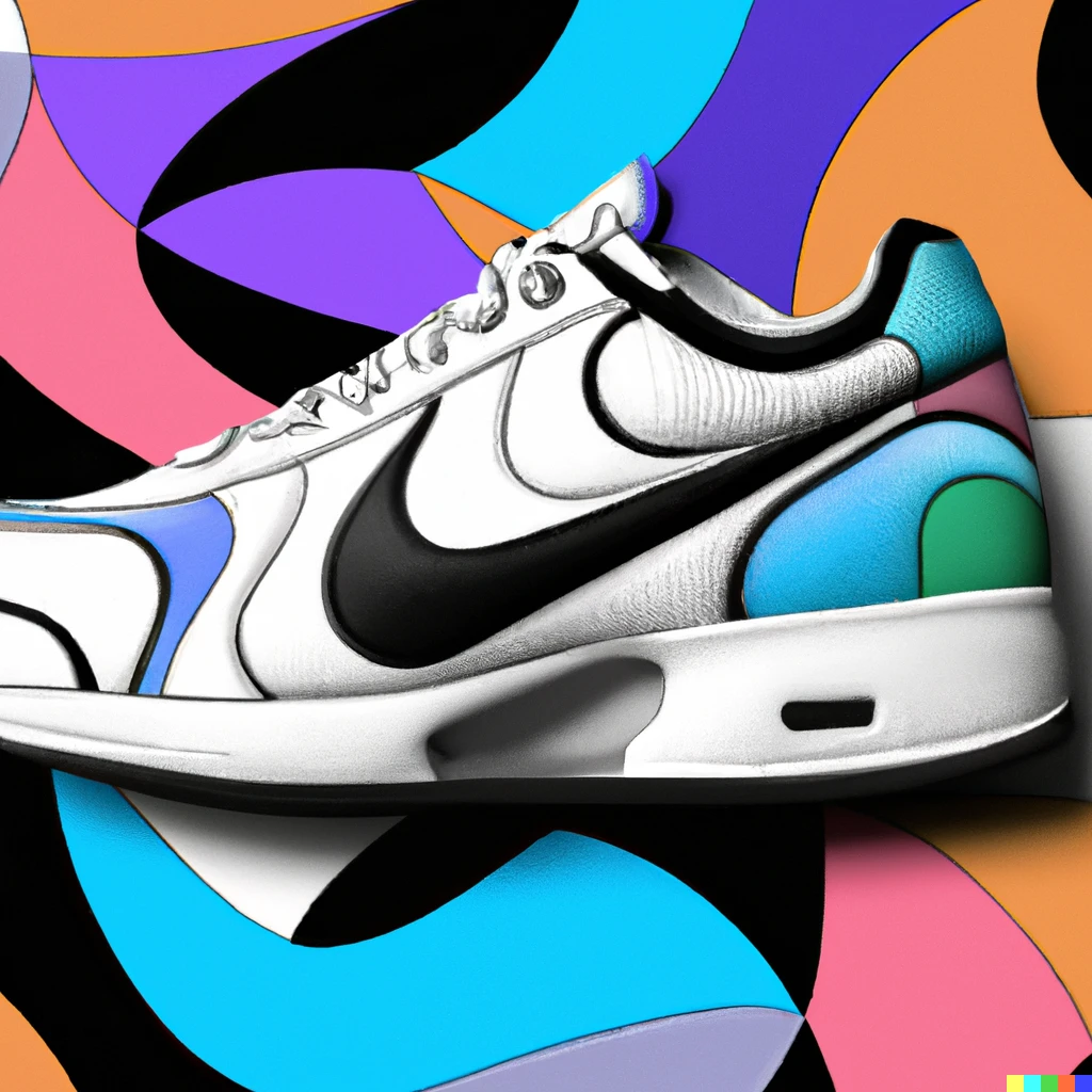 Prompt: Digital art, product photograph, vasarely, Nike sneakers,
