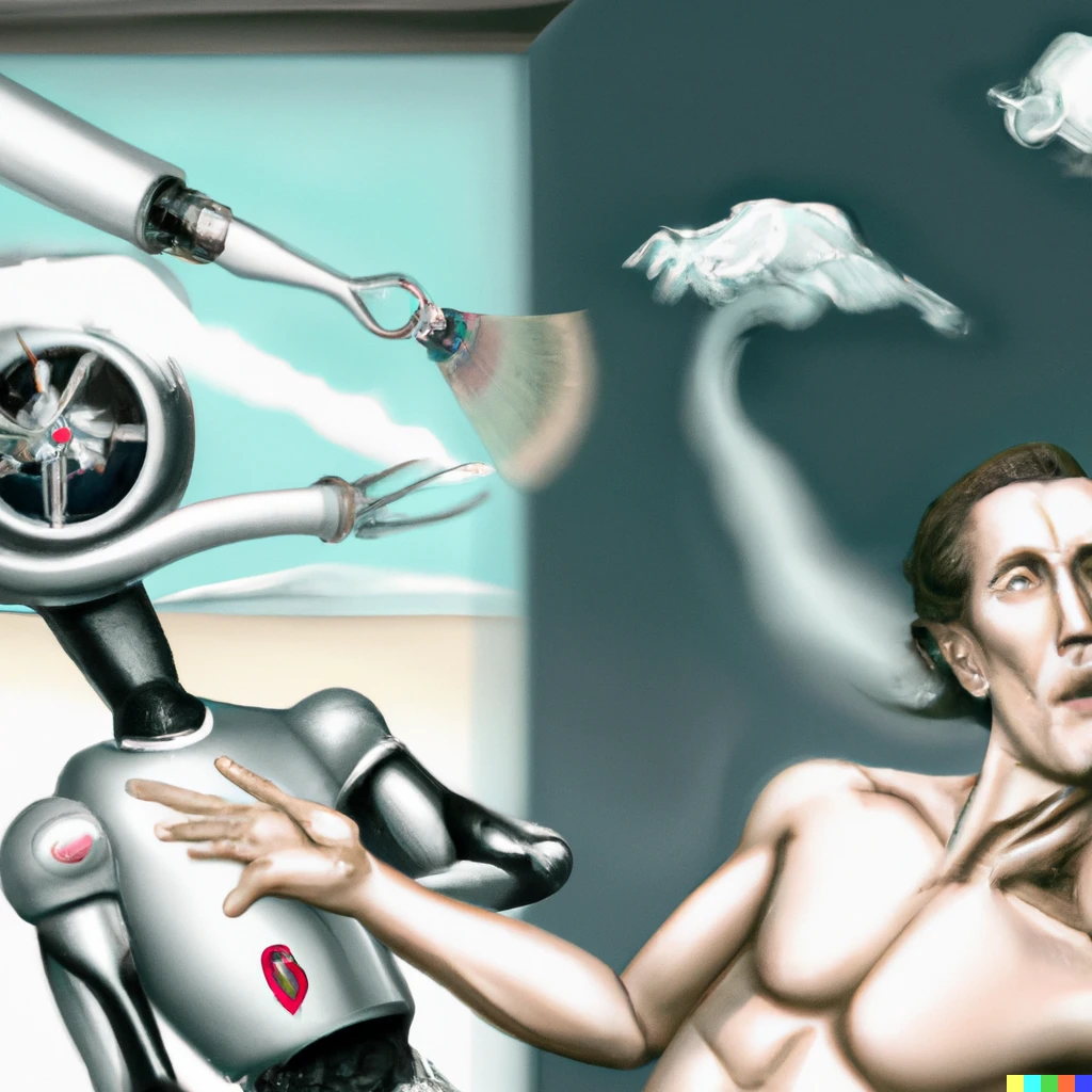 Prompt: Dali like painting with Tesla robot blowing his mind
