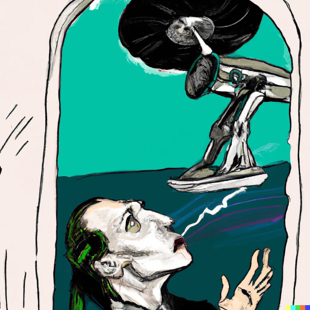 Prompt: Dali like painting with Tesla robot blowing his mind