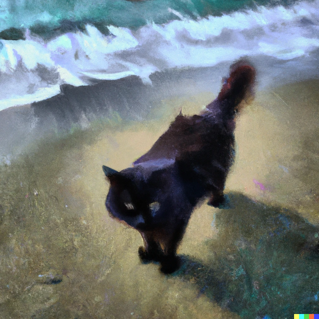Prompt: Impressionism painting of a persian black cat on the Mediterranean beach.