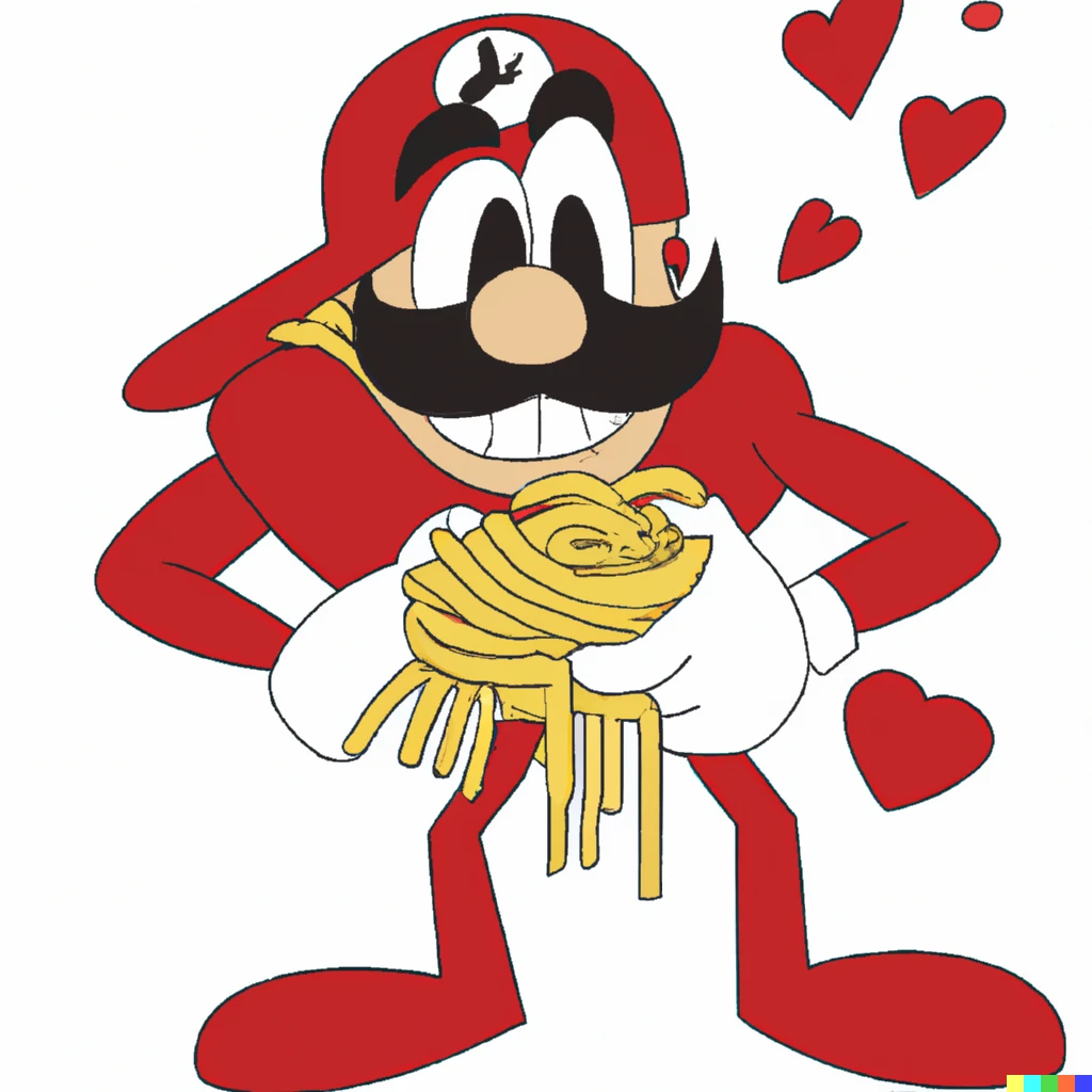 Prompt: Super Mario in a romantic relationship with spaghetti