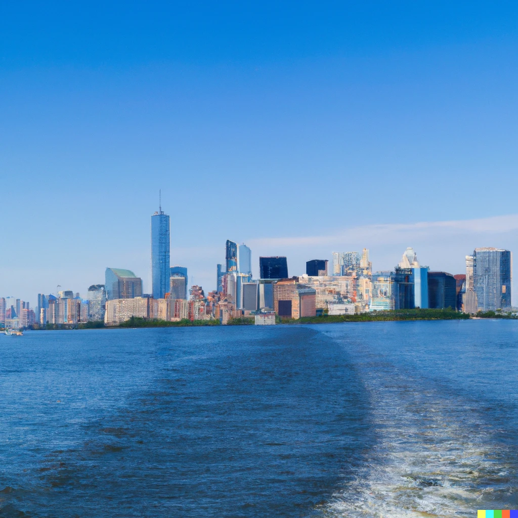 Prompt: A photo of new york from sea, sunny day, wide photo