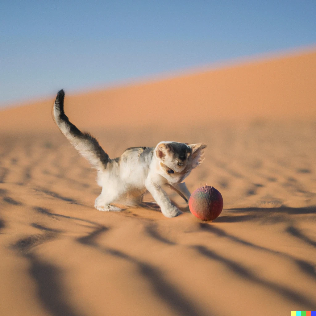 Prompt: Photo of A small cat get crazy from a color ball in the desert , high definition 