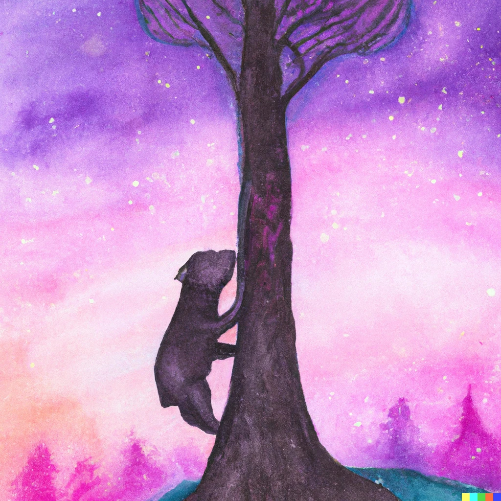 Prompt: a baby bear climbing up a giant tree in a magic forest with purple skies, water color