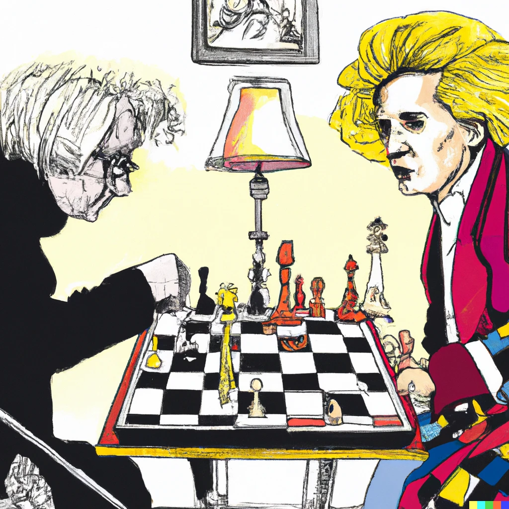 Prompt: Andy Warhol playing chess with Albert Einstein