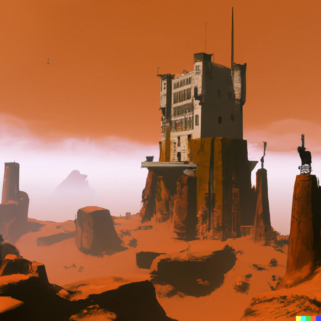 Prompt: a medieval castle on a mountain on mars overlooking a dystopian wasteland