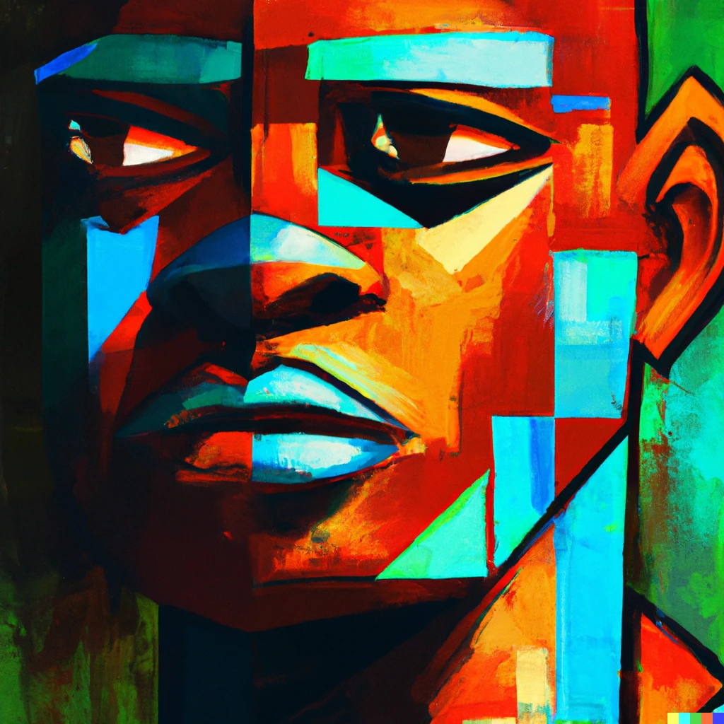 Prompt: A cubist painting of African portrait in futuristic style