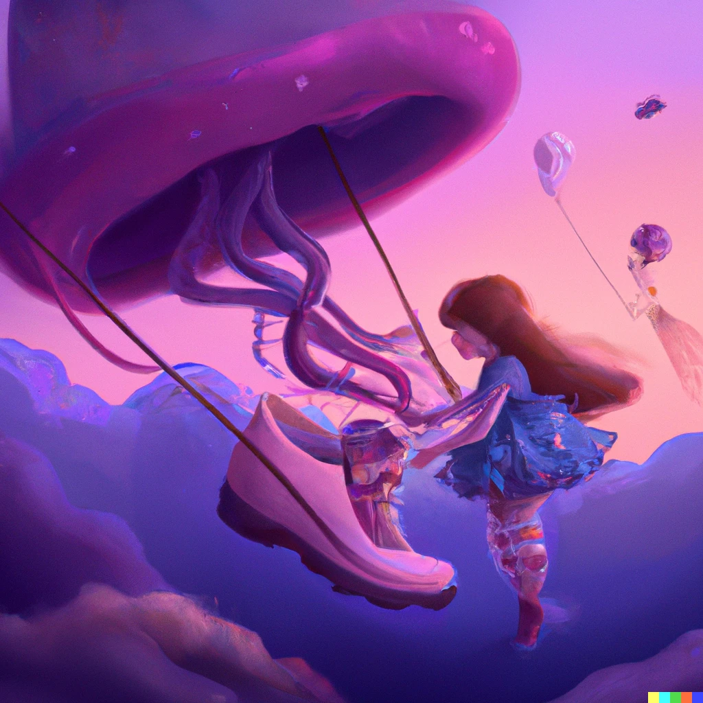 Prompt: a little girl fishing shrimps in a giant shoe with a purple jellyfish flying in a purple sky, digital art