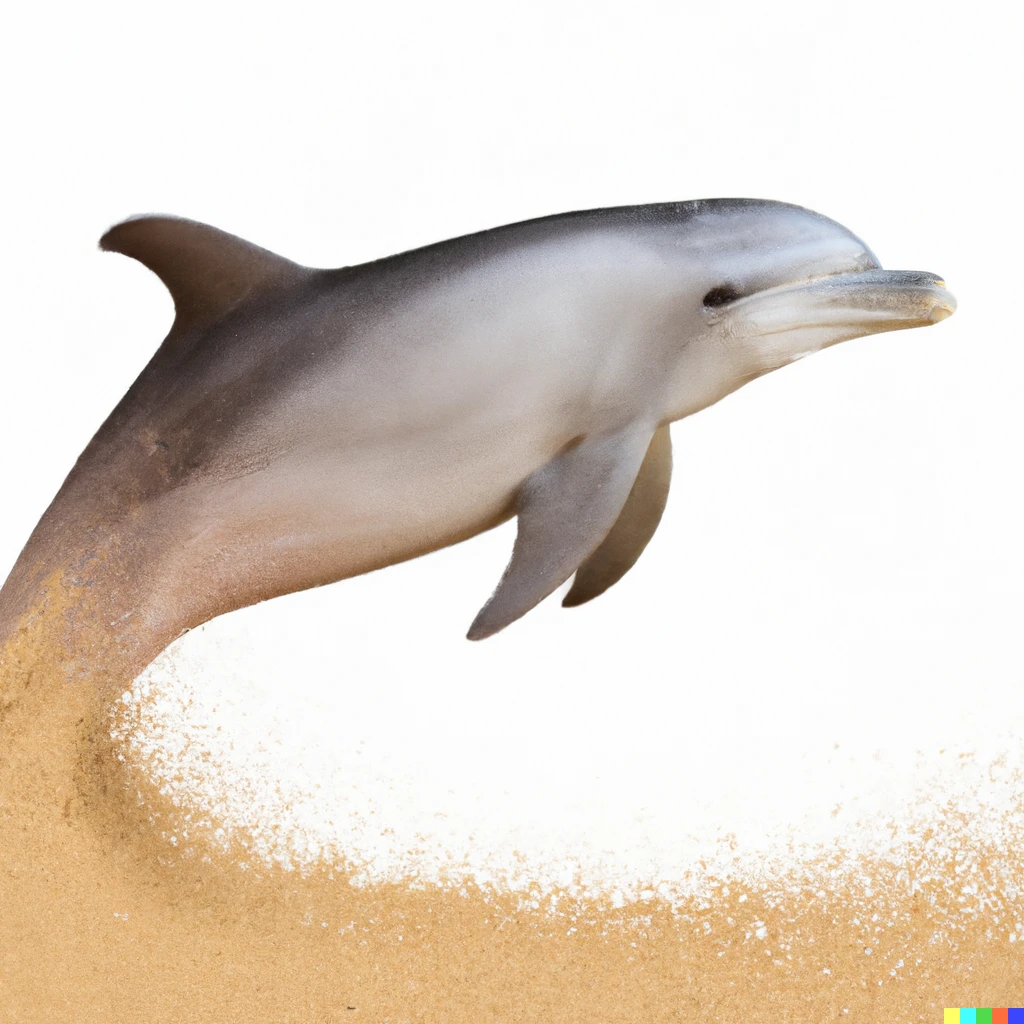Prompt: a full dolphin swimming in the desert sand  with white background   