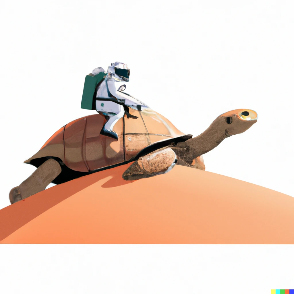 Prompt: an astronaut ride giant turtle on the middle of desert with big dune and white back ground   