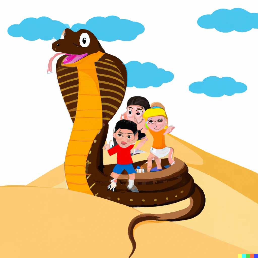 Prompt: 5 kids ride giant cobra snake inside the desert giant dune with white back ground