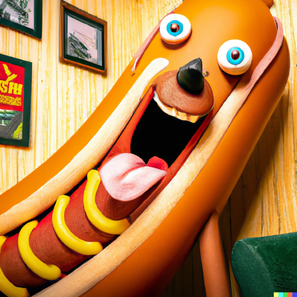Prompt: A vibrant photograph of a giant hot dog monster, standing in a room, in the style of Pixar 