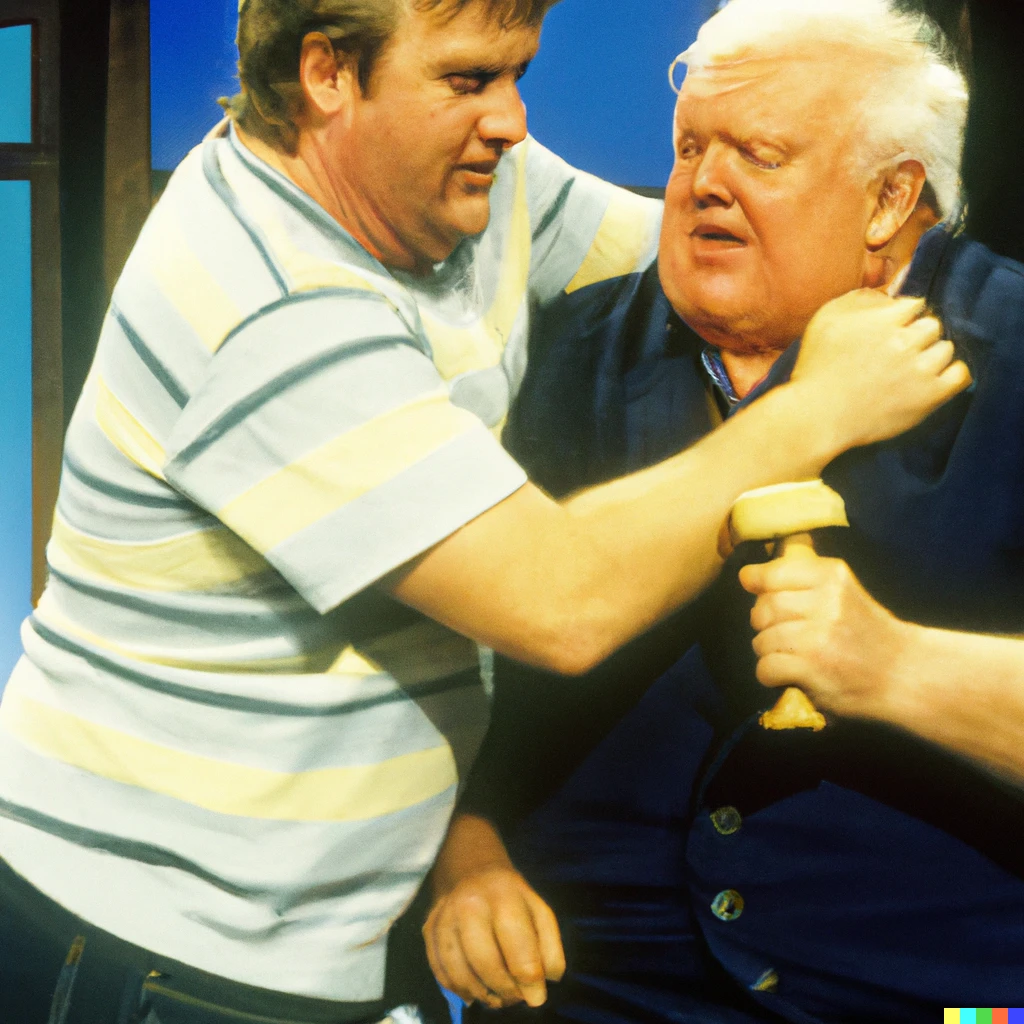 Prompt: les dawson fighting les dennis on the set of the generation game