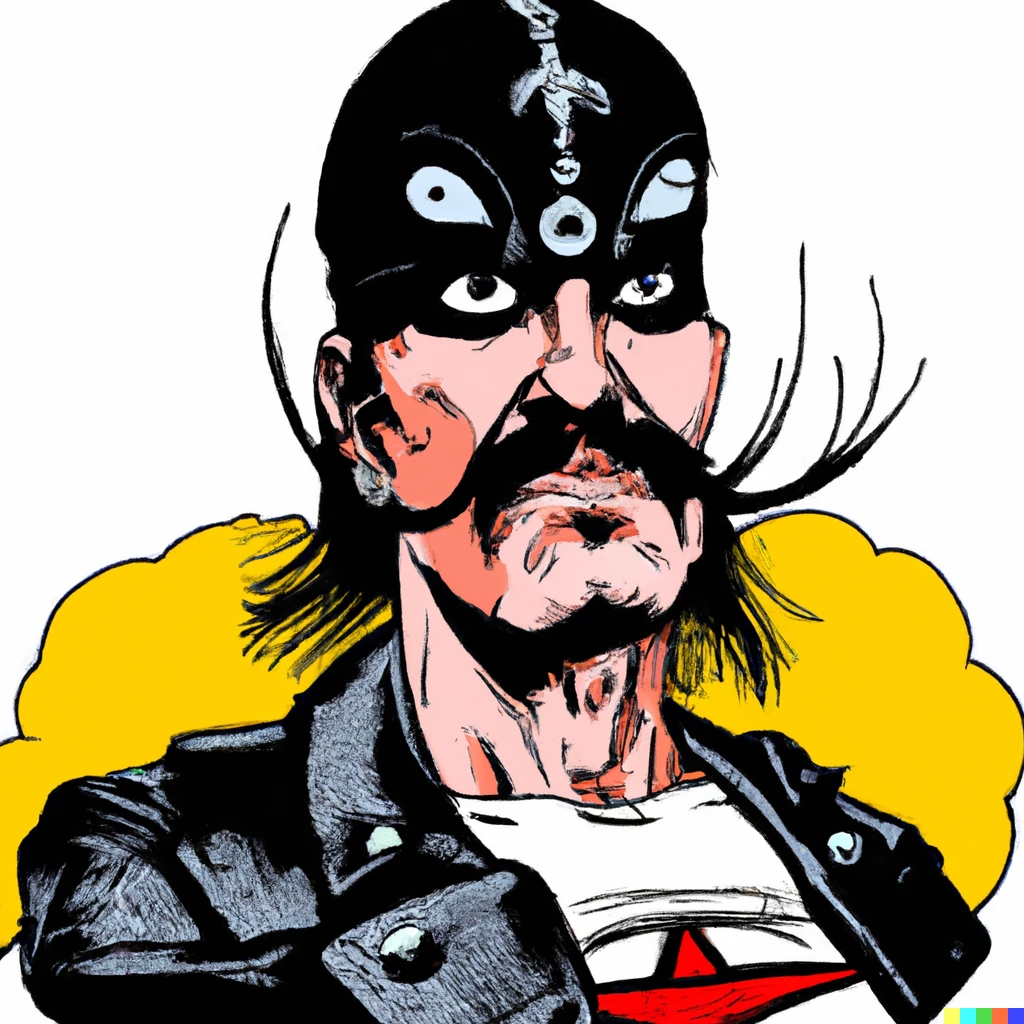 Prompt: lemmy from motorhead as silver age comic book superhero