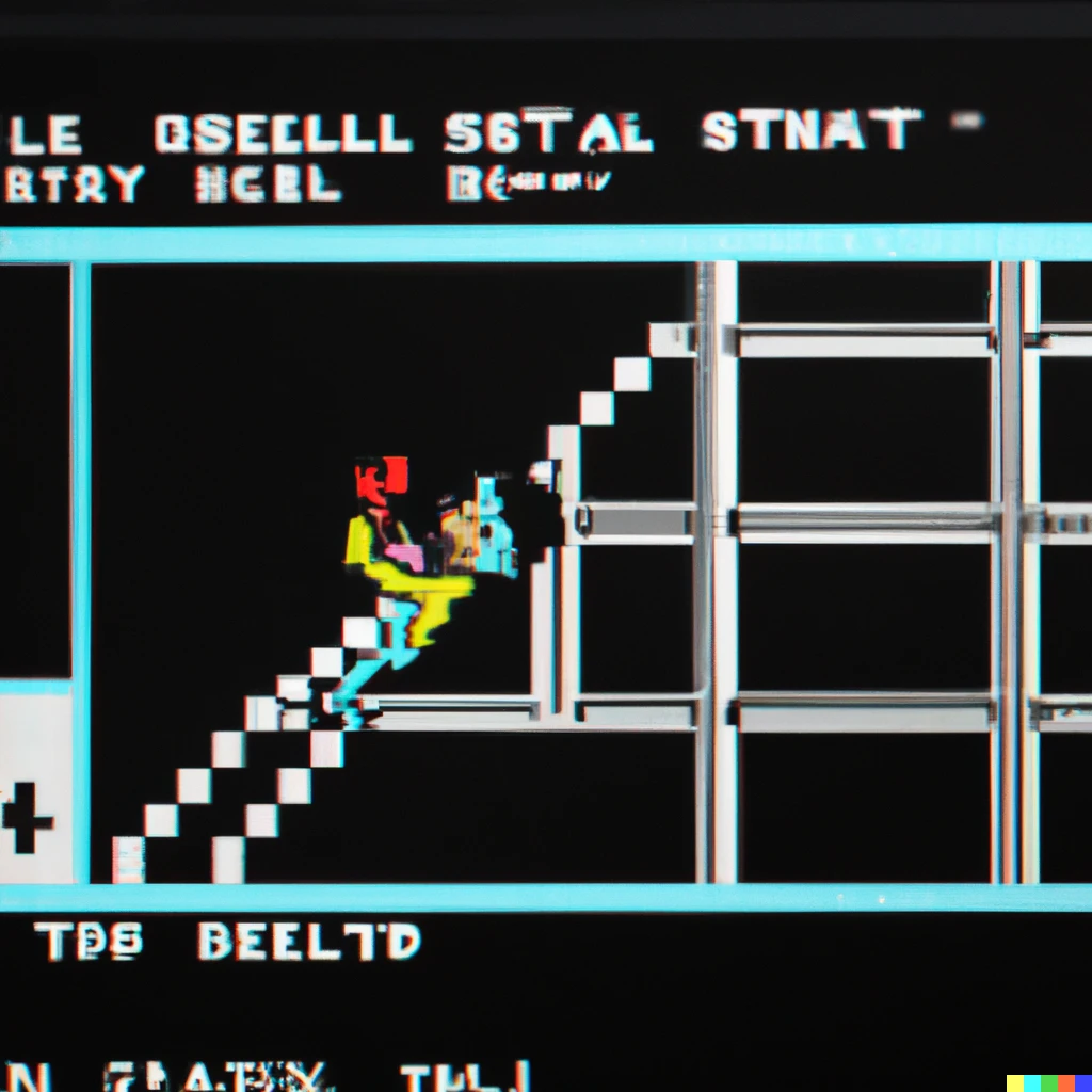 Prompt: del boy falling through the bar the zx spectrum game