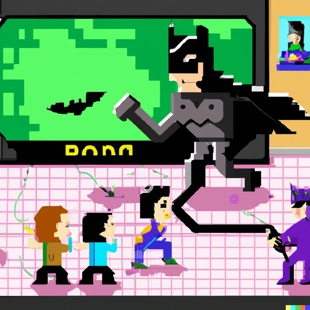 Prompt: batman fighting the kids from fame in a 16-bit scrolling beat-em-up game