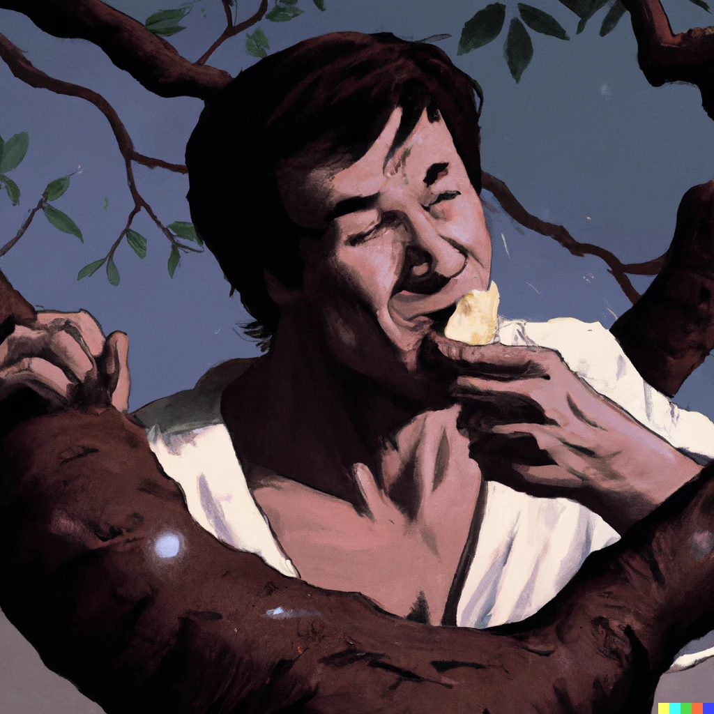 Prompt: bruce lee in a tree eating brie photorealistic