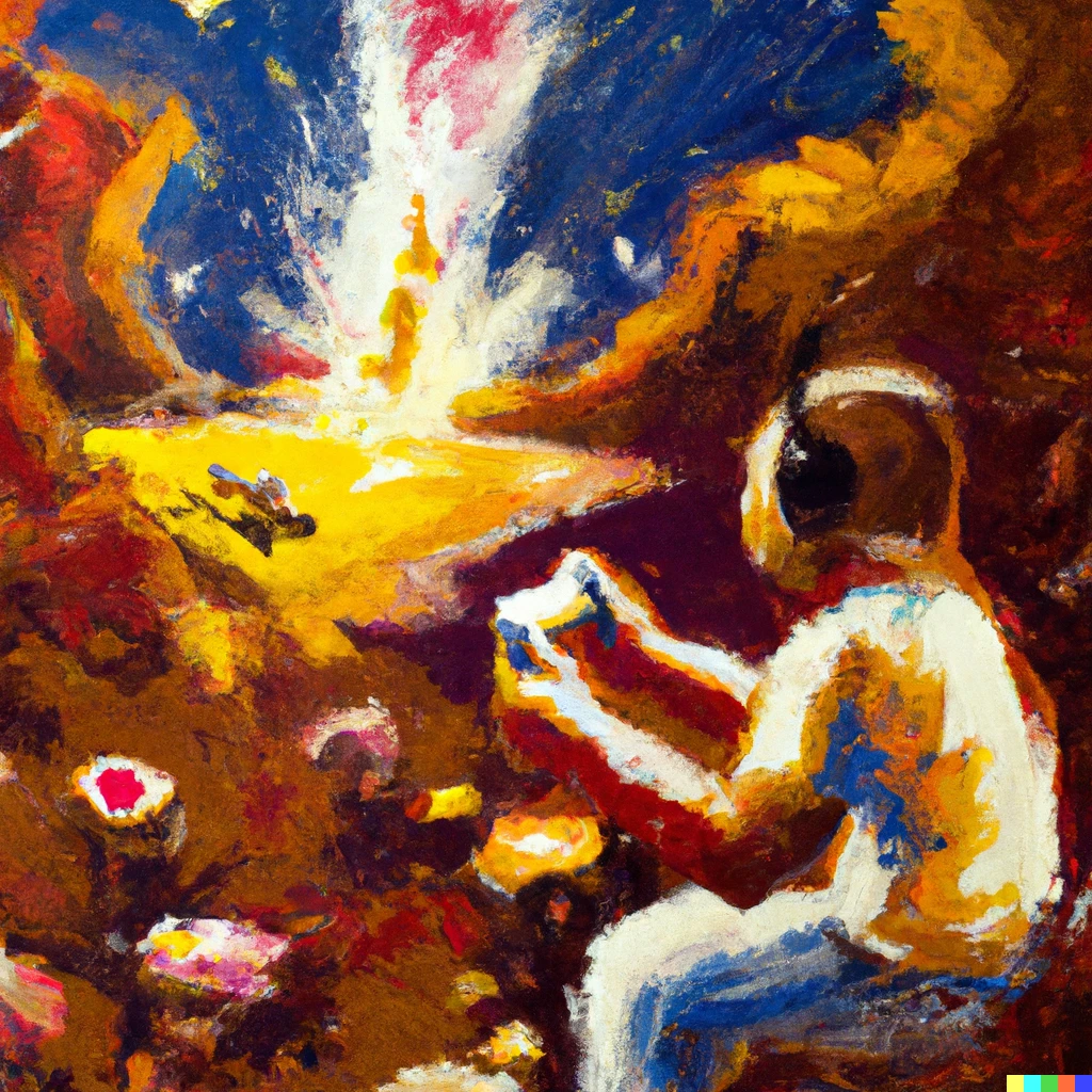 Prompt: an expressive oil painting of a man playing video game in a dessert, depicted as an explosion of a nebula