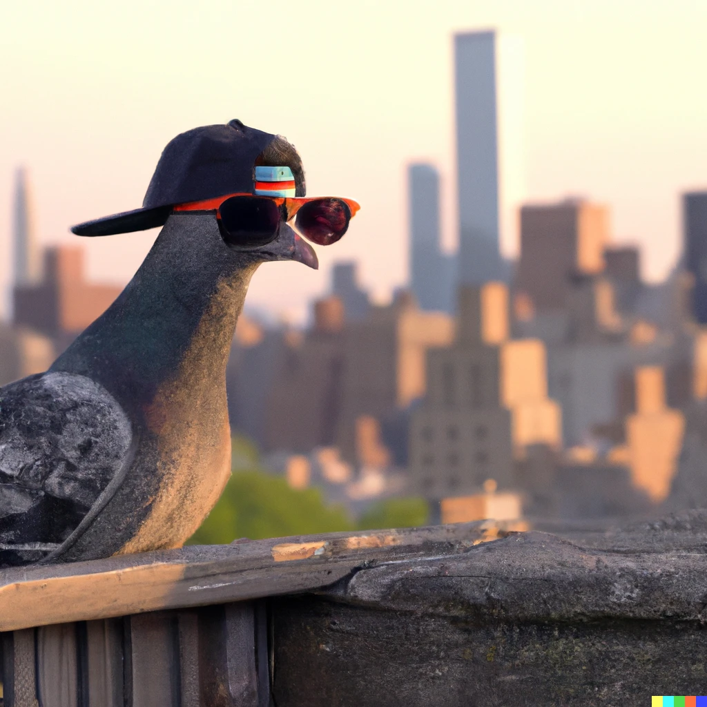 Prompt: A pigeon with sunglasses and a backwards cap on standing on a fence with new york city in the background, 4k, national geographic