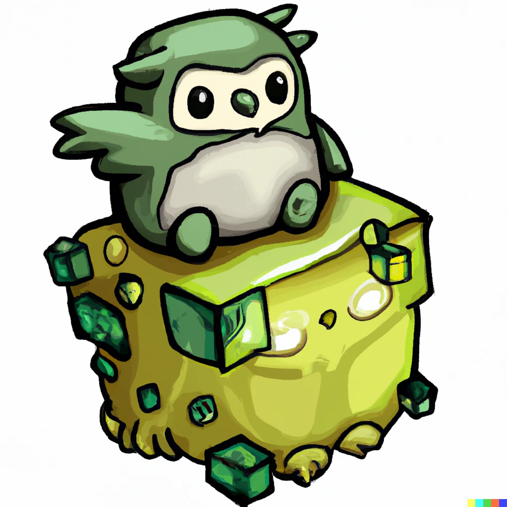 Prompt: A green gelatinous cube riding an armored owlbear into battle.