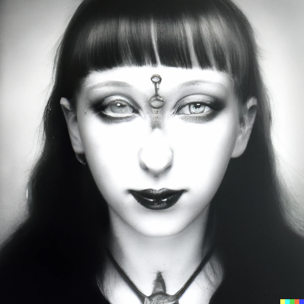 Prompt: an old photo of a goth girl in the style of giger