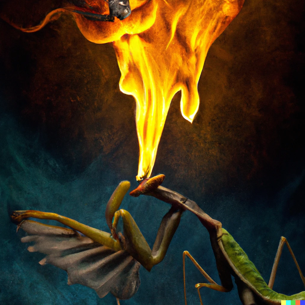 Prompt: Praying mantis dragon breathing fire in the style of Caravaggio 